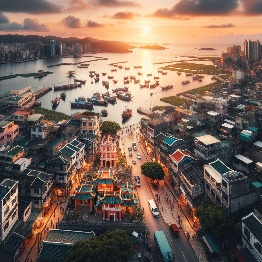 Flyfoto av Macao ved solnedgang med gamle templer, trange gater, lokale markeder og tradisjonelle båter i havnen