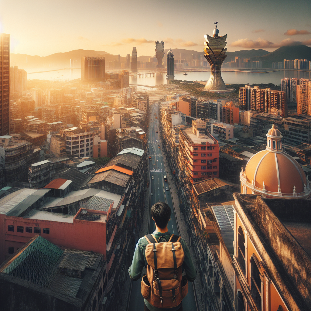 Oversiktsbilde av Macaos historiske gater og moderne skyline ved solnedgang, reisende med ryggsekk i forgrunnen, varm fargepalett