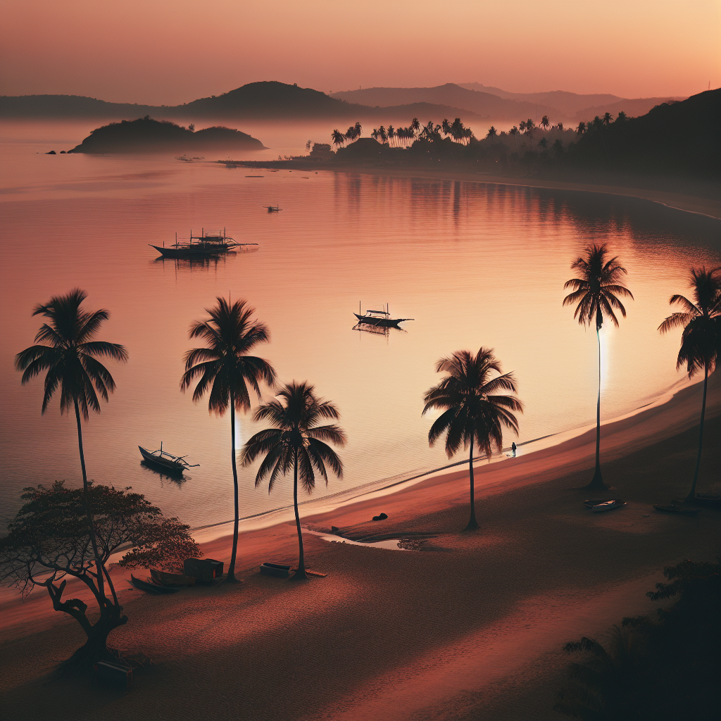 Bredt panorama av en rolig Macao-strand ved solnedgang, mørk sand, palmer i silhuett, rolig hav, et par lokale fiskebåter i horisonten, myke varme farger